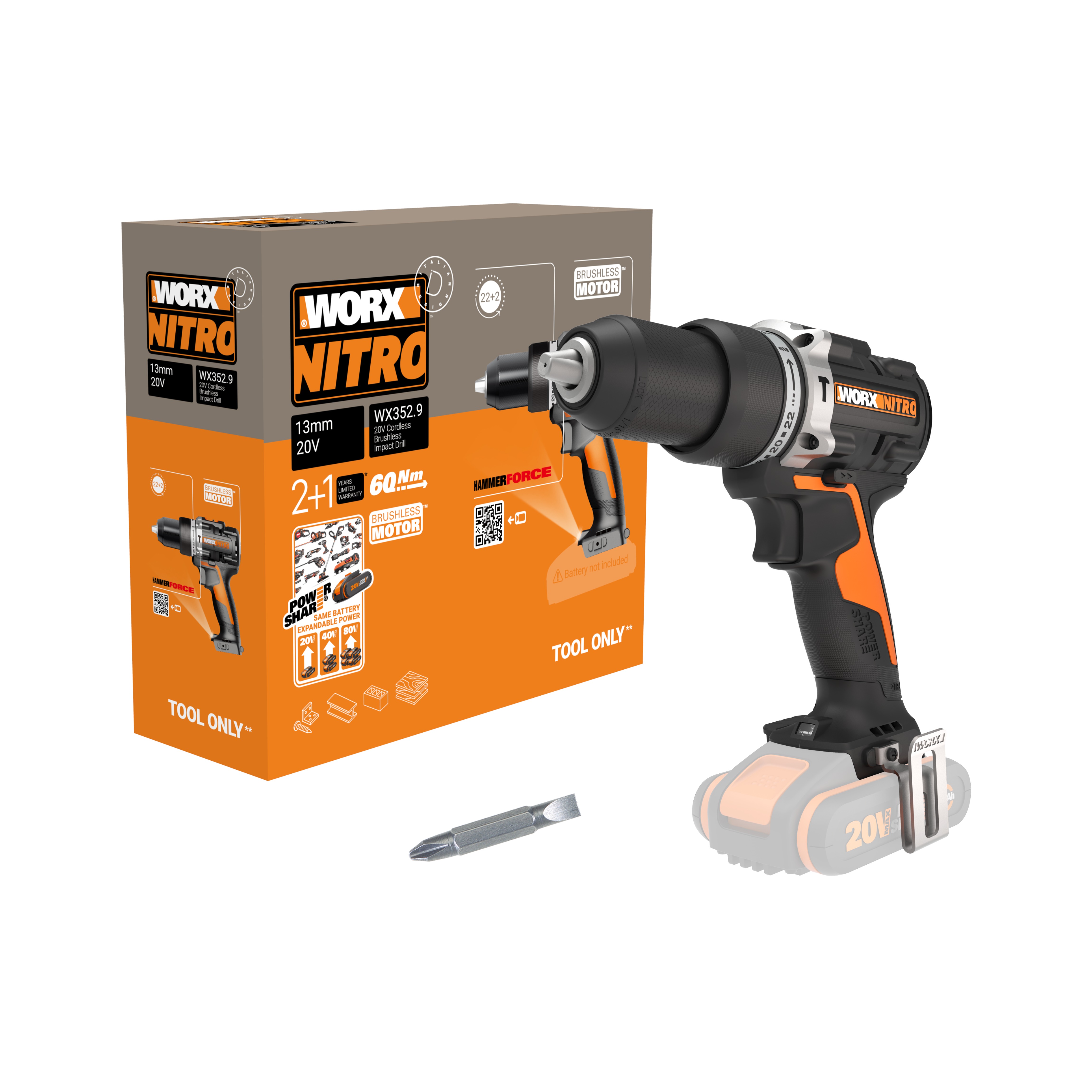 Worx WX352.9 - Taladro Percutor Brushless 20V S/bat